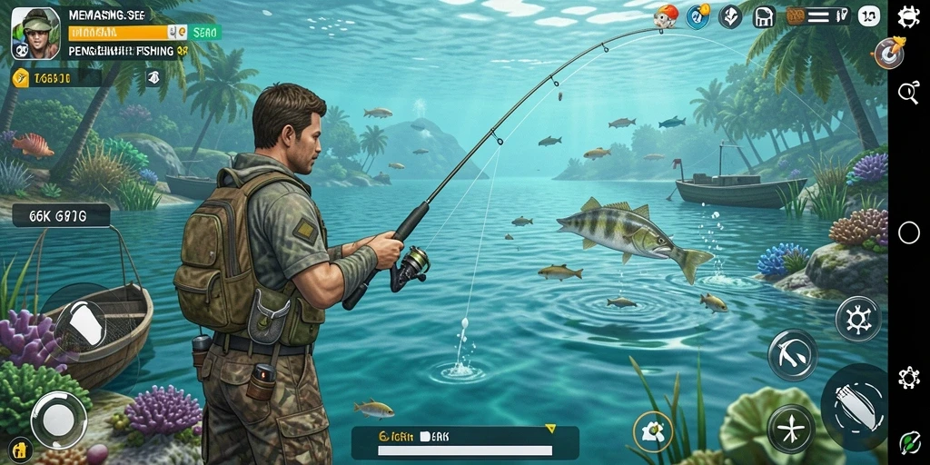 Screenshot 66K menampilkan aksi memancing di lokasi yang indah.