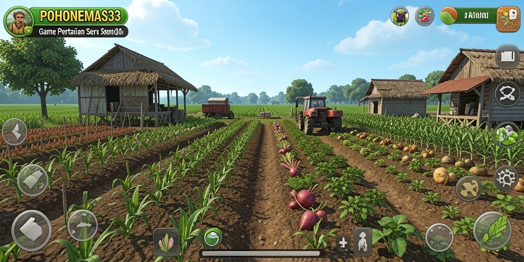 Screenshot gameplay POHONEMAS33 yang menampilkan aktivitas bertani yang menyenangkan.