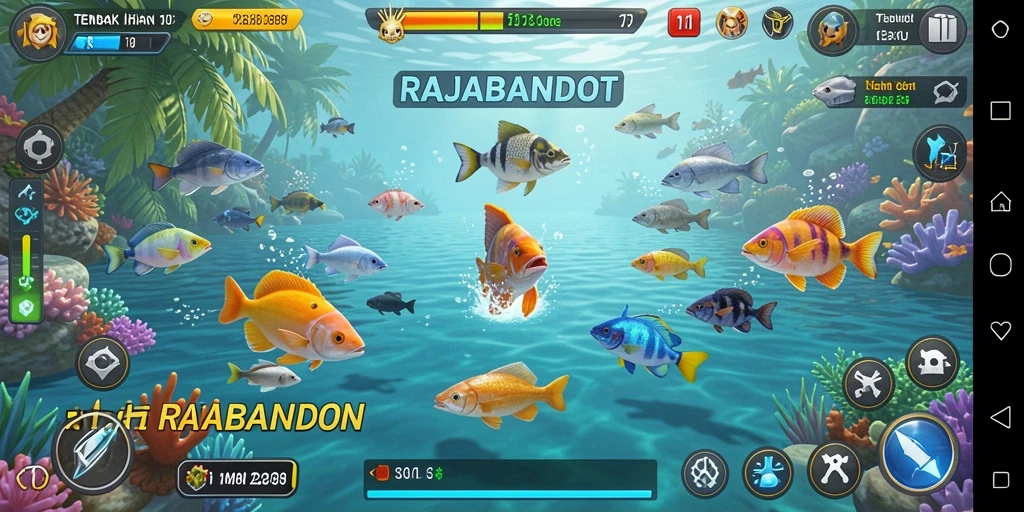 Screenshot gameplay RAJABANDOT dengan aksi menembak ikan.