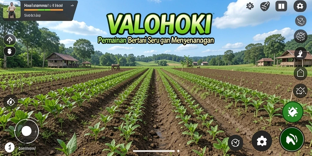 Tampilan menarik dari gameplay VALOHOKI dengan ladang yang subur dan hewan ternak.