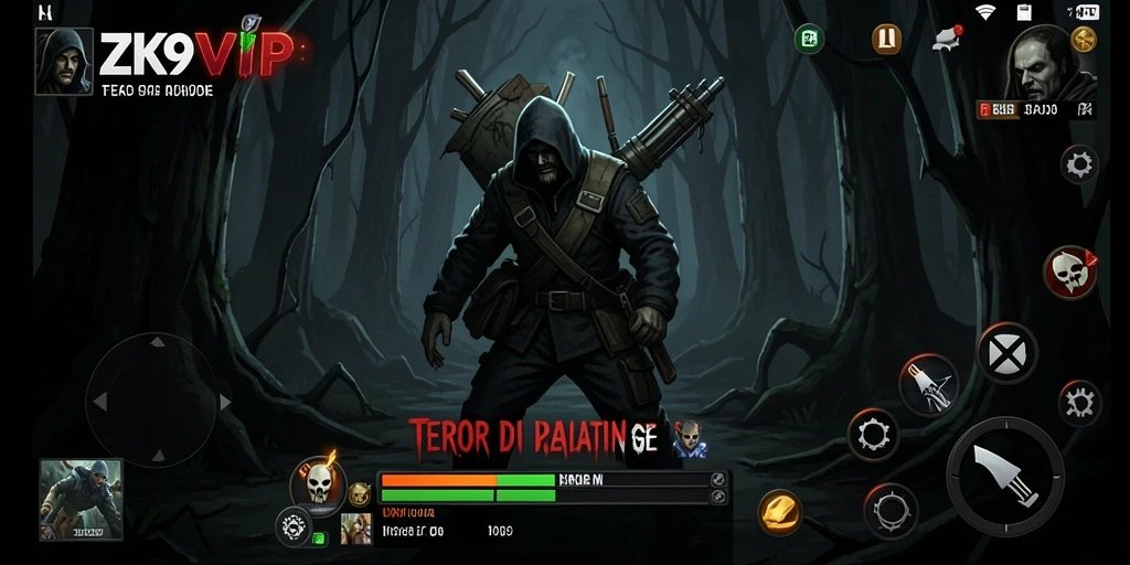 Tangkapan layar gameplay ZK9VIP menampilkan suasana menyeramkan dan karakter menyeramkan.