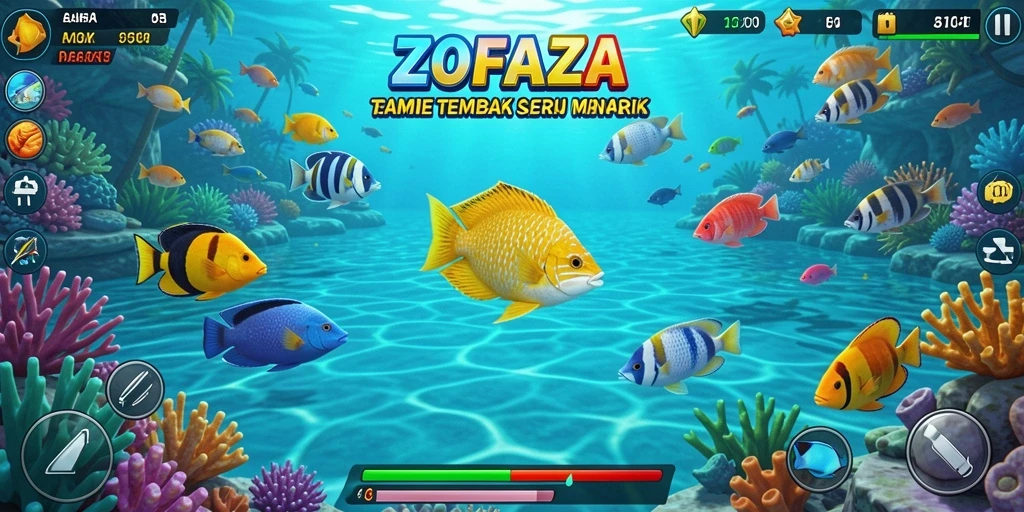 Screenshot gameplay ZOFAZA menampilkan aksi seru berburu ikan.